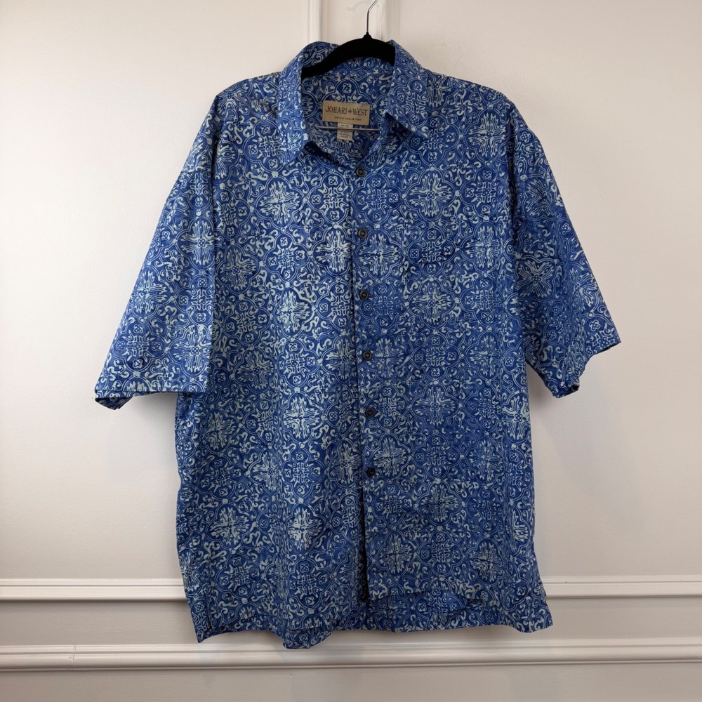 Johari West Mens XL Blue Batik Cotton Short Sleeve Button Down Shirt Indonesia